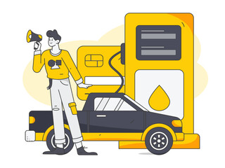 Vector internet operation hand-drawn illustration of people getting discounts for car refueling
