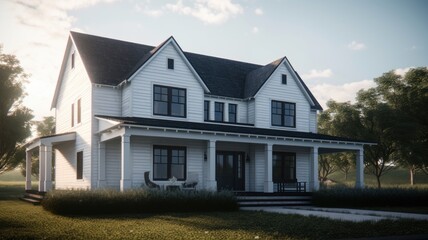 Classic American suburban modern farmhouse. Two story, white siding walls, dark shingle roof, spacious porch, neatly trimmed lawn, bright morning light. Mockup, 3D rendering.