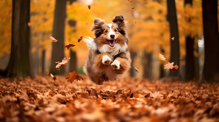 chien en train de courir au milieu des feuilles mortes à l'automne - IA générative - obrazy, fototapety, plakaty