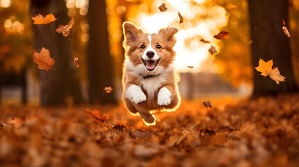 chien en train de courir au milieu des feuilles mortes à l'automne - IA générative - obrazy, fototapety, plakaty