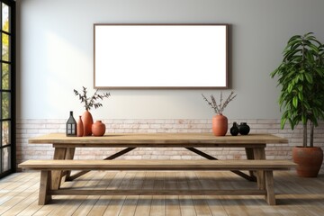 Mockup of an empty horizontal rectangle frame hanging over a wooden table - created using generative Ai tools