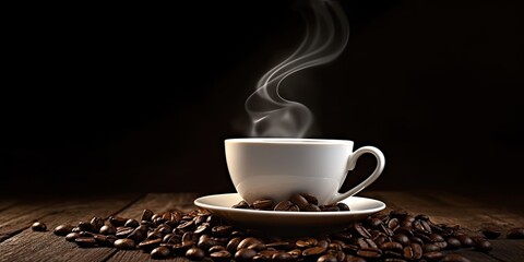 Coffee Delight. Hot Espresso in a White Cup and coffee beans on a Black Background