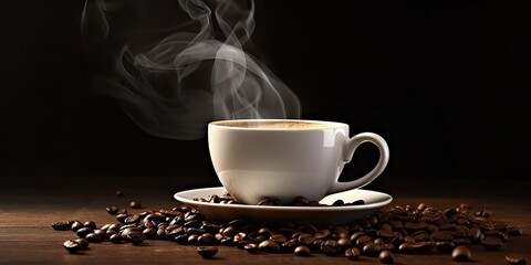 Coffee Delight. Hot Espresso in a White Cup and coffee beans on a Black Background