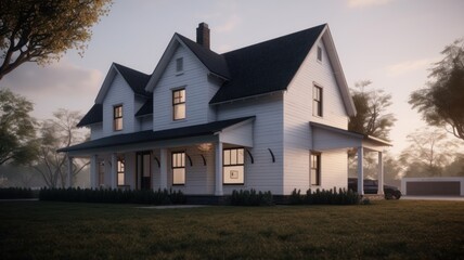 Classic American suburban modern farmhouse. Two story, white siding walls, dark shingle roof, spacious porch, neatly trimmed lawn, bright morning light. Mockup, 3D rendering.