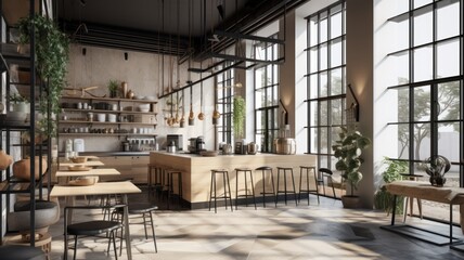 Interior of a modern loft style coffee shop. Concrete walls with open shelves, wooden bar counter and tables, pendant lamps, green plants, large panoramic windows. Modern hipster lifestyle concept.