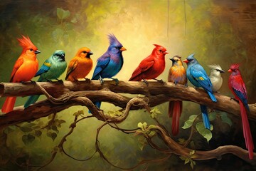 Obraz premium realistic scene of birds perched on tree branches, singing their melodious tunes. oil paints to create a rich texture that brings out the subtle details of their feathers