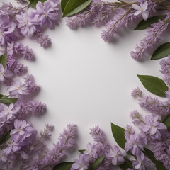 Lilac flowers border, purple and pink flowers, white background