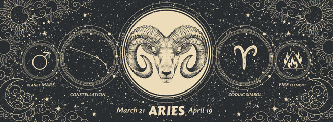 Aries zodiac sign, modern mystical astrology banner with black background of universe, constellation, symbols of alchemy and astronomy. Vintage vector horoscope card.