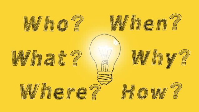 Six most common questions Who, What, where, when, why, how with question mark. Asking questions. Having answers. Chalk Illustration on yellow. FAQ. Brainstorming process.