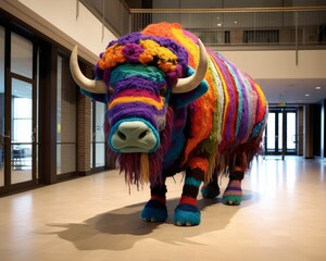 Obraz premium Colorful Crochet Buffalo Art Installation in Airport, Crocheted or Knitted Giant Life-Size American Bison Animal, Photorealistic AI-Generated Illustration