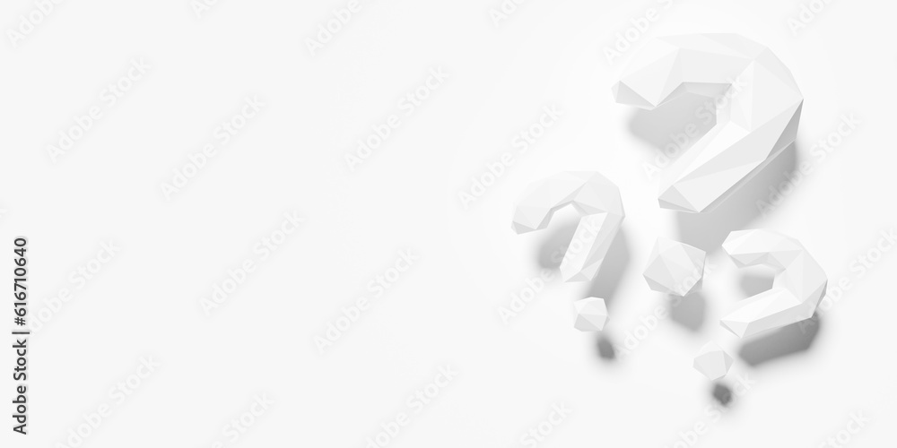 Poster three white low-poly polygonal question marks on white background, idea, solution or question or com