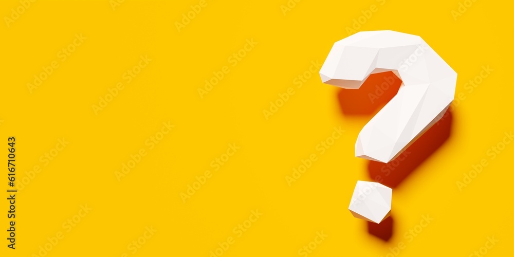 Poster white low-poly polygonal question mark on orange background, idea, solution or question or communica