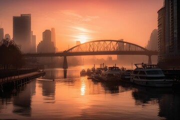 panoramic sunset skyline with city and river view