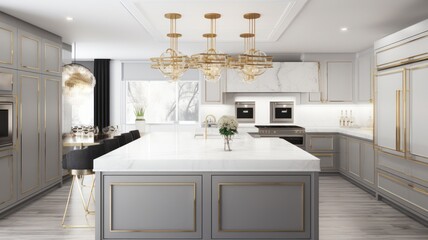 Modern classic white kitchen in a luxury apartment. Large kitchen island with marble top and bar stools, wooden floor, luxurious chandelier, gilded details, modern kitchen appliances.