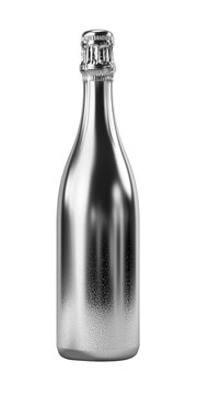 Isolated silver glossy champagne bottle. Generative AI image.