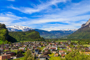 Fototapeta na wymiar View of Balzers town and Alps in Liechtenstein