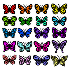 Fototapeta na wymiar Butterflies silhouettes vector set. 20 Layered templates for laser or paper cutting, printing on a T-shirt, mug. Insects cut files. Flat style. Hand drawn decorative element for your design.