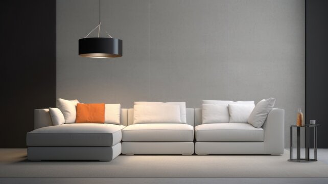 Front view of a modern minimalist living room. White empty wall, large comfortable corner sofa with pillows, pendant lamp, coffee table with decor, carpet. Mockup, 3D rendering.
