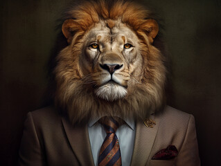 A lion wearing a suit made with generative ai - suit, commercial, animal, well dressed