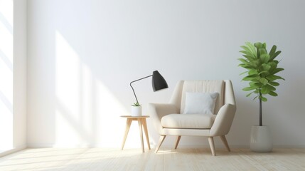 a room, featuring a single armchair and a lamp, a sense of balance and harmony within the composition