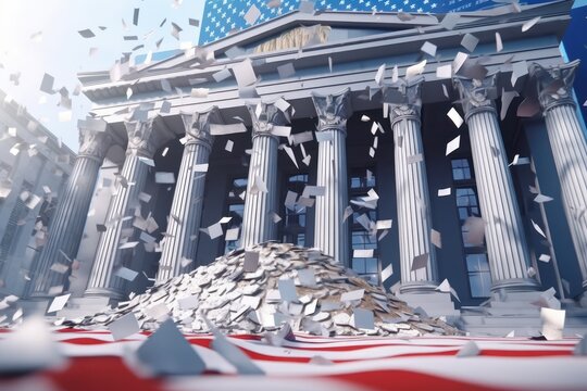 The Bank of America building is being collapsed. The American flag fell down, stocks and securities are flying around and falling down, making pile of rubbish. Bankruptcy of a financial institution.
