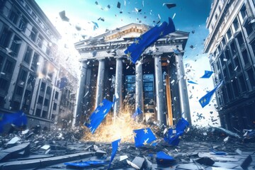 The building of the European bank is collapsing, the flag of the European Union is disintegrating. Bank bankruptcy. Banking crisis, falling stocks. The collapse of the financial system. 3D rendering.