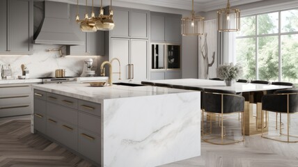 Modern classic white kitchen in a luxury apartment. Island with marble top and drawers, dining table with armchairs, parquet floor, luxurious chandelier, gilded details, modern kitchen appliances.