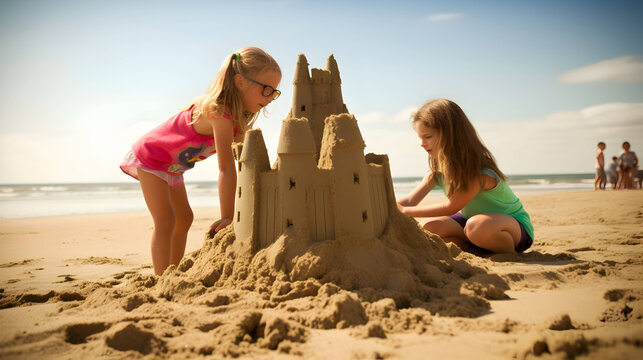 deux petites filles en train de faire un ch&acirc;teau de sable sur la plage