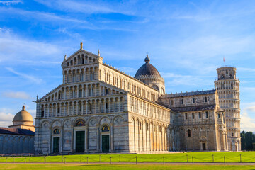 Pisa Cathedral (Cathedral of the Assumption of Mary) with the Leaning Tower of Pisa on Piazza dei Miracoli in Pisa, Tuscany, Italy