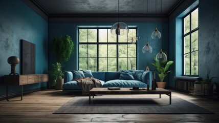 Cozy vintage living room in blue tones. Comfortable sofa with pillows and plaid, coffee table, carpet on the wooden floor, pendant lights, plants in floor pots, poster, large windows. 3D rendering.