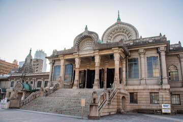 Naklejka premium Tokyo Japan 11th Mar 2023: The main hall of Tsukiji Hongan-ji, it is a Jodo Shinshu Buddhist temple located in the Tsukiji district of Tokyo. It was the temple of Edo-Asakusa Gobo.