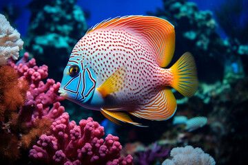 Naklejka na ściany i meble photo of a beautiful discus fish behind is colorful coral 