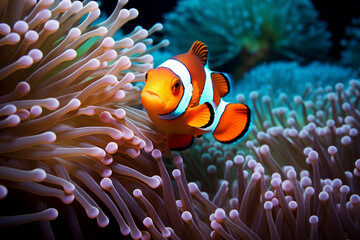 Fototapeta na wymiar photo of a beautiful clown anemonefish behind is colorful 