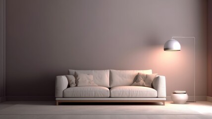 Front view of a modern minimalist living room. Empty walls, large comfortable sofa, floor lamp, decorative floor vase, carpet. Mockup, 3D rendering.