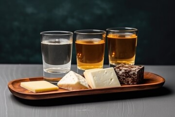 three glasses of homemade tequila with a plate of cheese on it, ai generative
