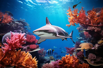 photo of a beautiful shark behind is colorful coral taken 