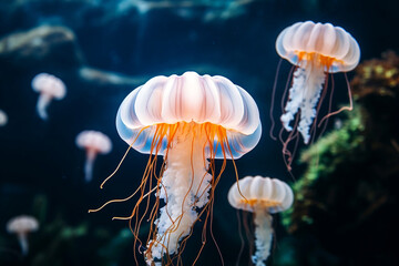 photo of a white jellyfish swimming coral in the backgroun - Powered by Adobe