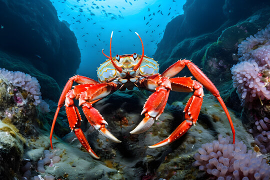 photo of a beautiful king crab behind is colorful coral ta
