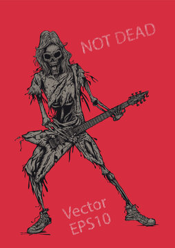 :  Rock human skeleton musician playing electric guitar, Rock concert poster, t shirt, postcard, stock vector illustration
