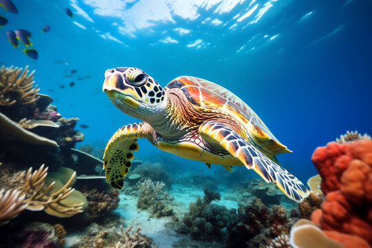 photo of a beautiful turtle behind is colorful coral taken