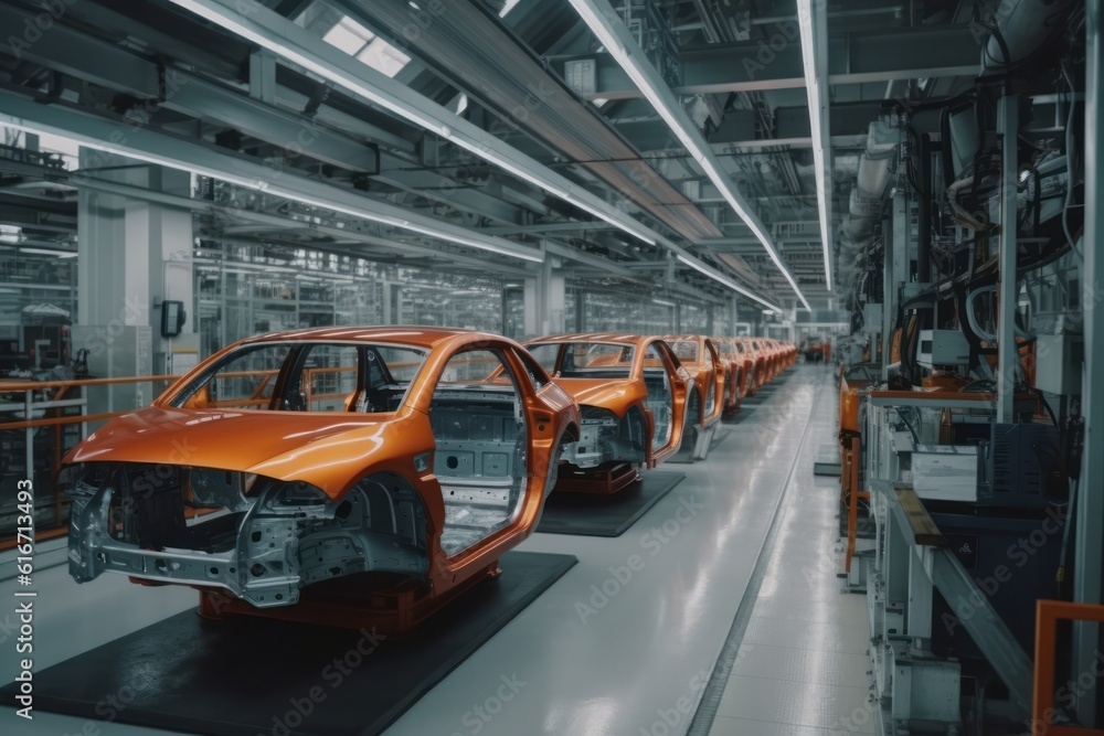 Poster robotic conveyor line for car assembly. modern workshop with automated equipment. mechanical assembl