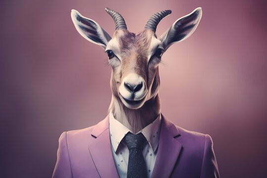 Antelope Deer in Purple Suit Horizontal Portrait Anthropomorphic