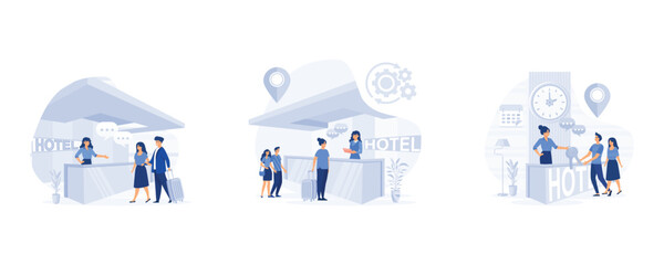 Receptionist job, Check into hotel. Man and woman at reception counter with luggage, receptionist giving key from room, set flat vector modern illustration	