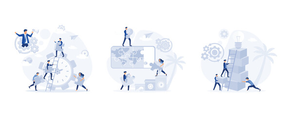 The concept of joint teamwork, people with puzzle pieces, corporate organization and partnership, set flat modern vector illustration