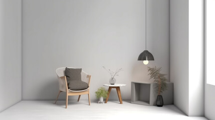 Living room interior wall mockup with light beige armchair, coffee table and green plant branch in vase on empty white wall background. Generative ai