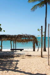 Beach's day. Seashore. Walk through the Caribbean Sea. Sand. Vacation. Roof built of palm