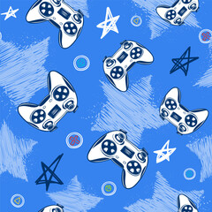 Abstract seamless pattern with gamepads on endless grunge stars background in blue colors. Gaming repeat print. Gamer cover illustration for sport textile, fashion clothes, wrapping paper. © Kseniia Koval