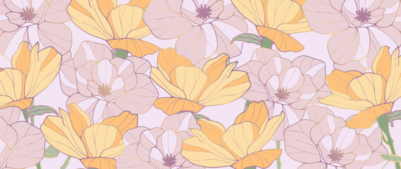 Fototapeta na wymiar Delicate floral background with pink and yellow flowers. Background for postcards, wallpapers, decor, posts in social networks.