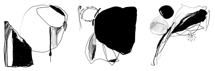 Hand drawn set of 3 abstract art elements (black pencil/brush)