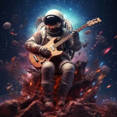 Obraz premium An astronaut playing a celestial instrument amidst a galaxy, with stars and planets flowing out as musical notes, symbolizing the harmony of the universe